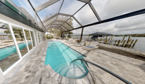 Waterfront home looking out from indoor pool